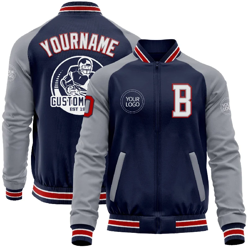 One Size Navy Gray-Red Bomber Varsity Letterman Two Tone Zipper Jacket