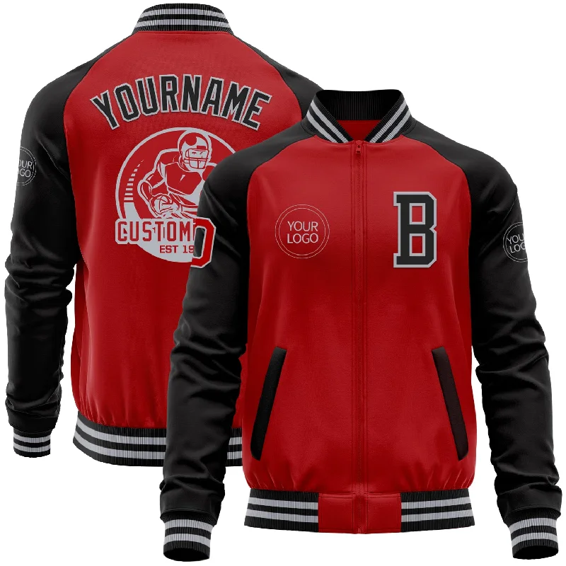 One Size Red Black-Gray Bomber Varsity Letterman Two Tone Zipper Jacket