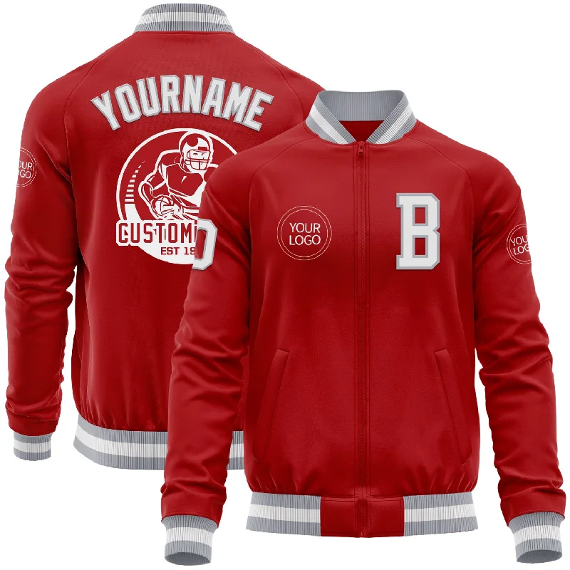 One Size Red White-Gray Bomber Varsity Letterman Zipper Jacket