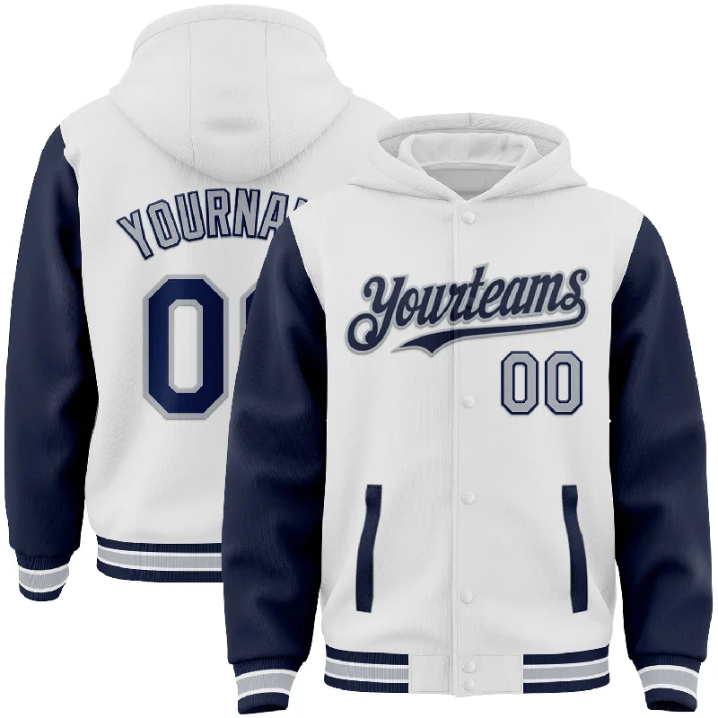 One Size White Navy-Gray Bomber Full-Snap Varsity Letterman Two Tone Hoodie Jacket