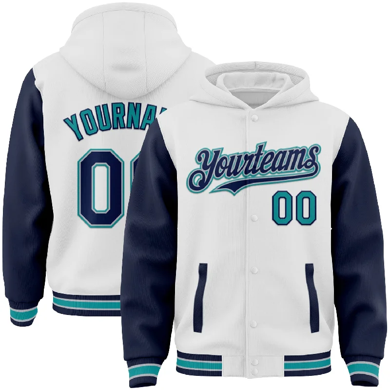 One Size White Navy Gray-Teal Bomber Full-Snap Varsity Letterman Two Tone Hoodie Jacket