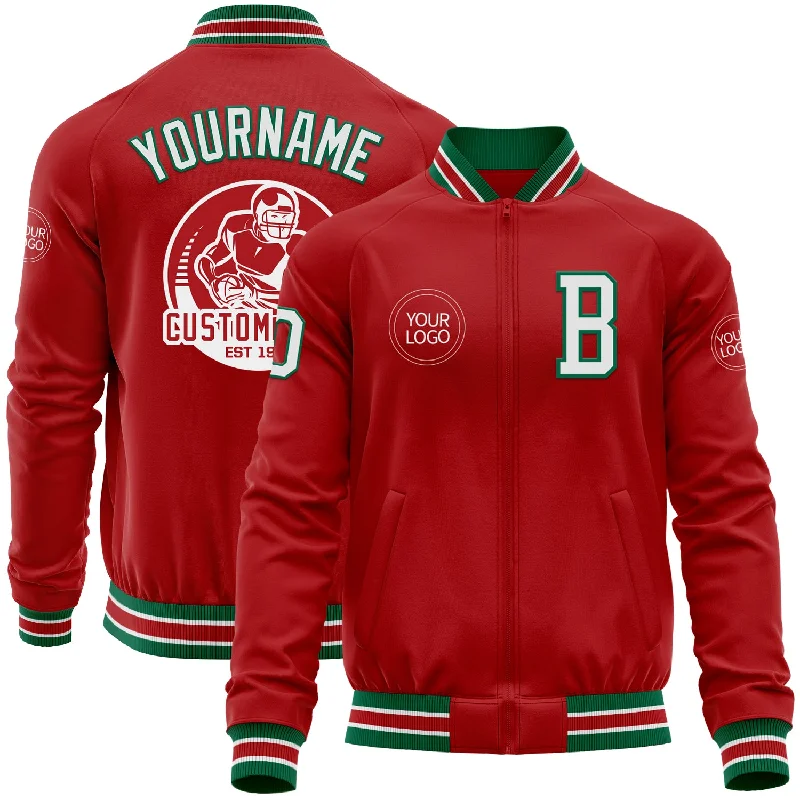 One Size Red White-Kelly Green Bomber Varsity Letterman Zipper Jacket