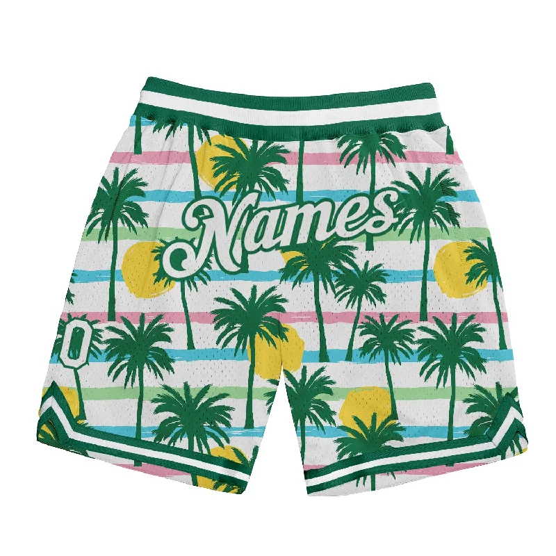 Sleek And Comfortable Unisex Wear One Size White White-Kelly Green 3D Pattern Design Palm Trees Authentic Basketball Shorts