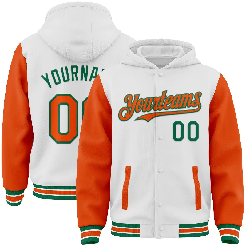 One Size White Orange-Kelly Green Bomber Full-Snap Varsity Letterman Two Tone Hoodie Jacket