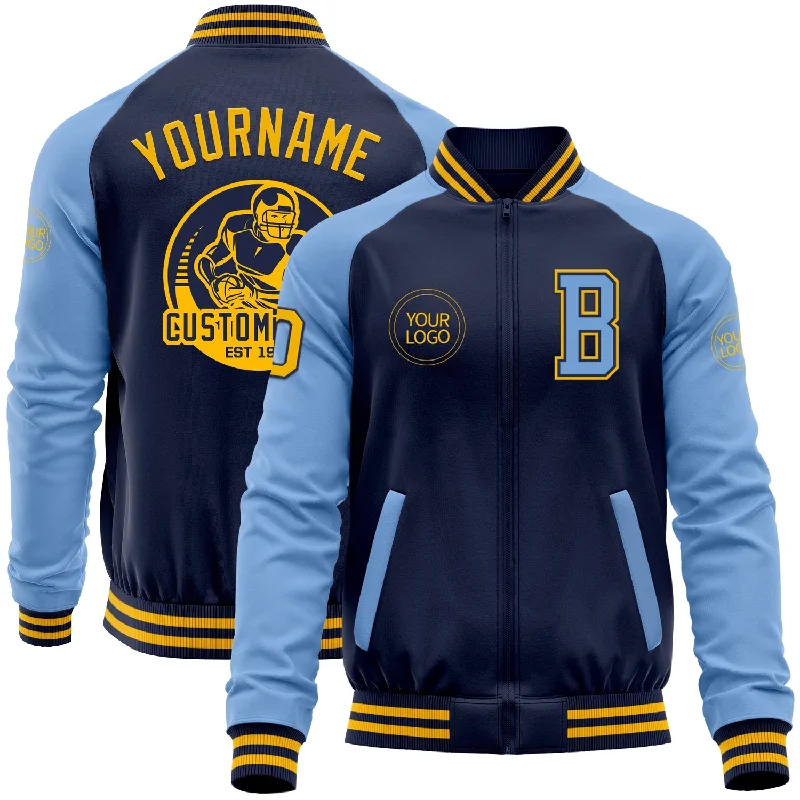 One Size Navy Gold-Light Blue Bomber Varsity Letterman Two Tone Zipper Jacket