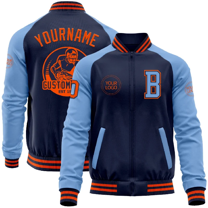 One Size Navy Orange-Light Blue Bomber Varsity Letterman Two Tone Zipper Jacket