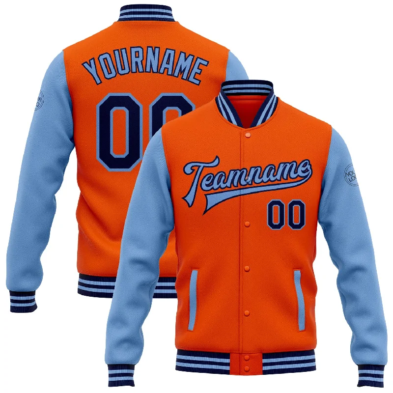 Gender-Neutral Clothing Styles One Size Orange Navy-Light Blue Bomber Full-Snap Varsity Letterman Two Tone Jacket