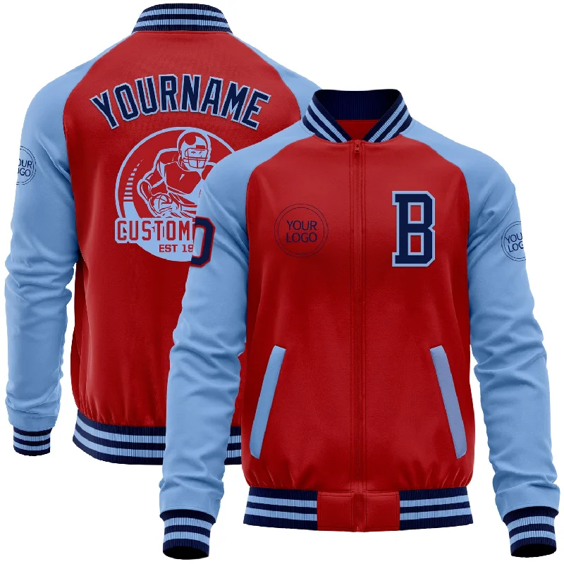 One Size Red Navy-Light Blue Bomber Varsity Letterman Two Tone Zipper Jacket