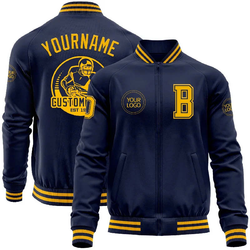 One Size Navy Gold Bomber Varsity Letterman Zipper Jacket