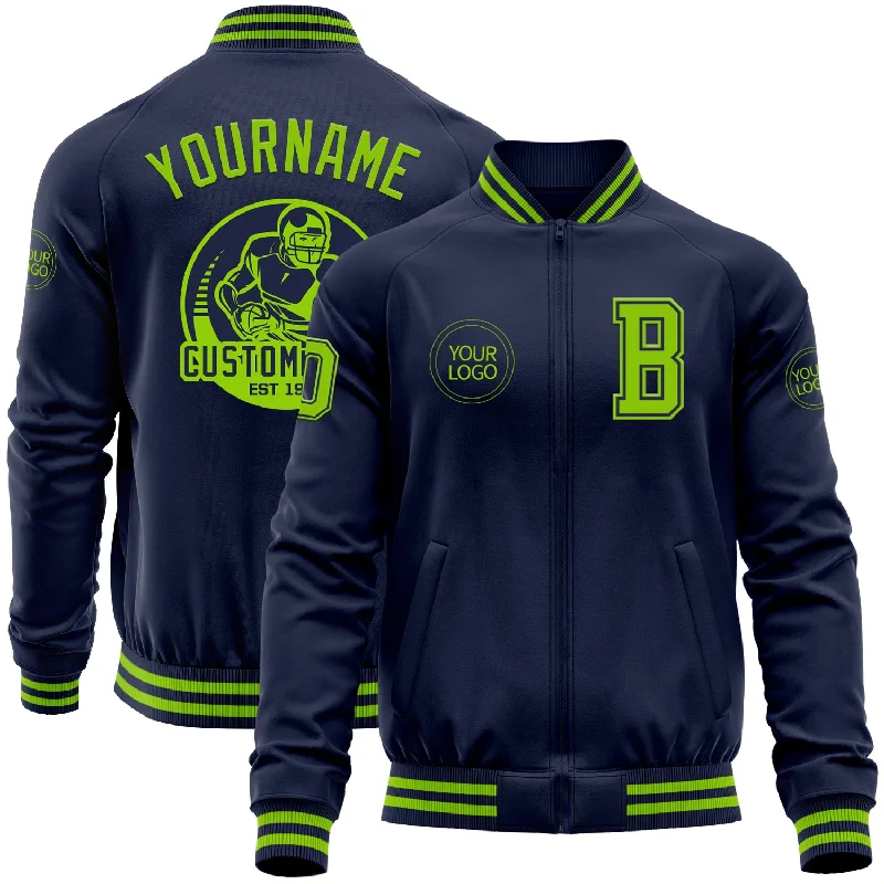 One Size Navy Neon Green Bomber Varsity Letterman Zipper Jacket