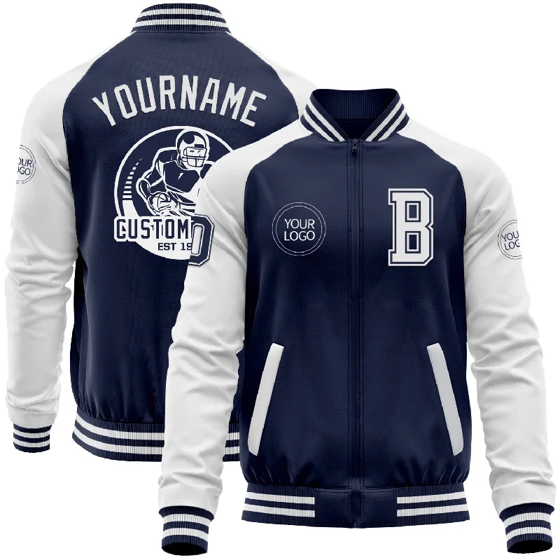 One Size Navy White Bomber Varsity Letterman Two Tone Zipper Jacket