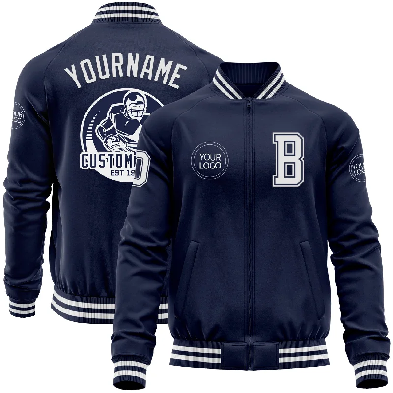 One Size Navy White Bomber Varsity Letterman Zipper Jacket