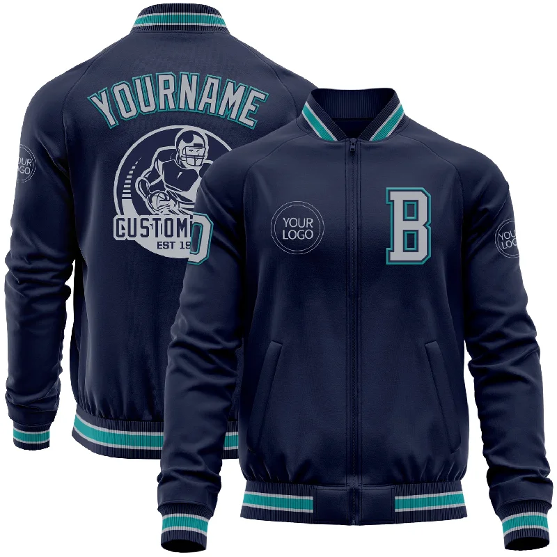 One Size Navy Gray-Teal Bomber Varsity Letterman Zipper Jacket