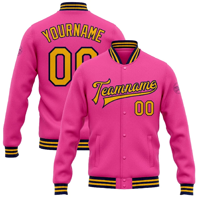 One Size Pink Gold-Navy Bomber Full-Snap Varsity Letterman Jacket