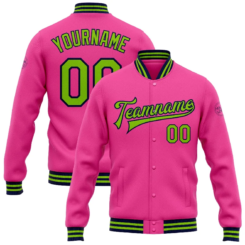 One Size Pink Neon Green-Navy Bomber Full-Snap Varsity Letterman Jacket