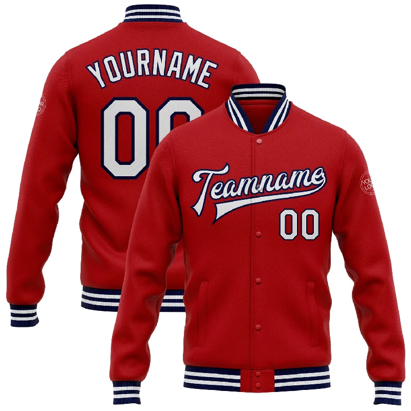 One Size Red White-Navy Bomber Full-Snap Varsity Letterman Jacket