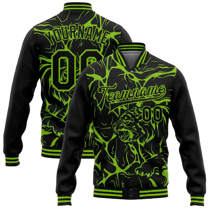 One Size Black Neon Green Abstract Network And Tiger 3D Pattern Design Bomber Full-Snap Varsity Letterman Jacket