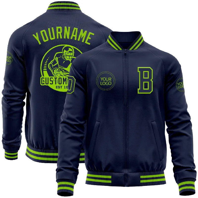 One Size Navy Neon Green Bomber Varsity Letterman Zipper Jacket