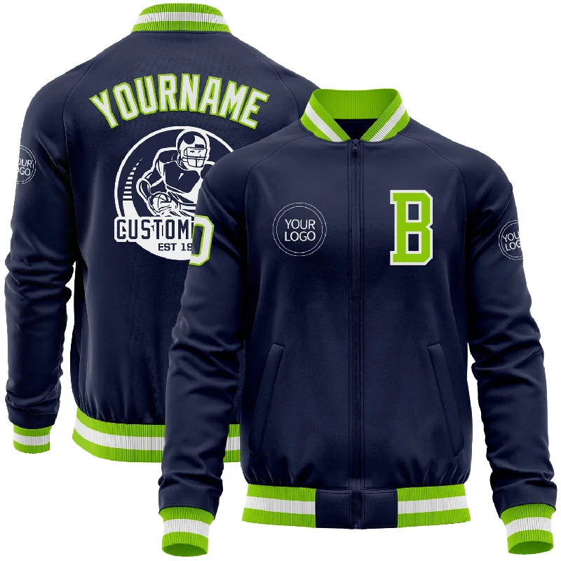 One Size Navy White-Neon Green Bomber Varsity Letterman Zipper Jacket