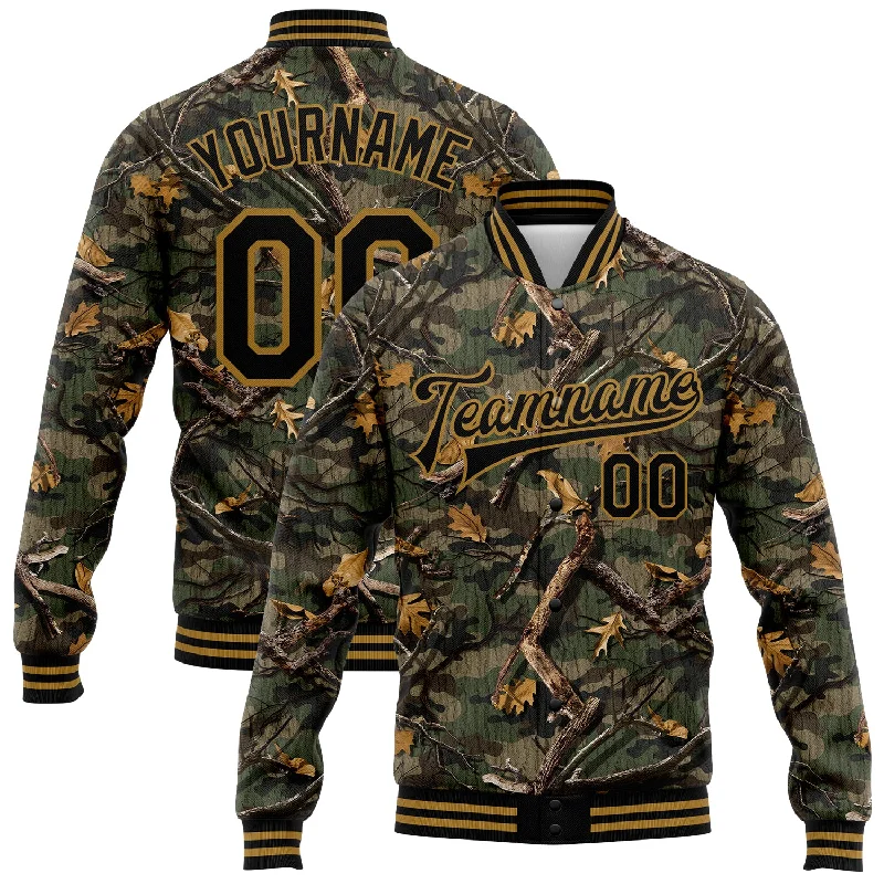 One Size Camo Black-Old Gold Classic Wood Camouflage 3D Bomber Full-Snap Varsity Letterman Salute To Service Jacket