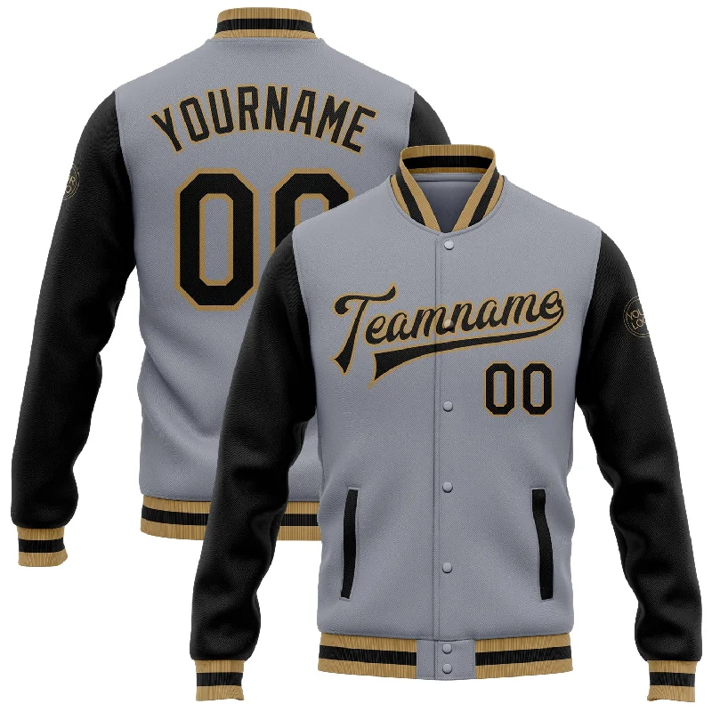 One Size Gray Black-Old Gold Bomber Full-Snap Varsity Letterman Two Tone Jacket