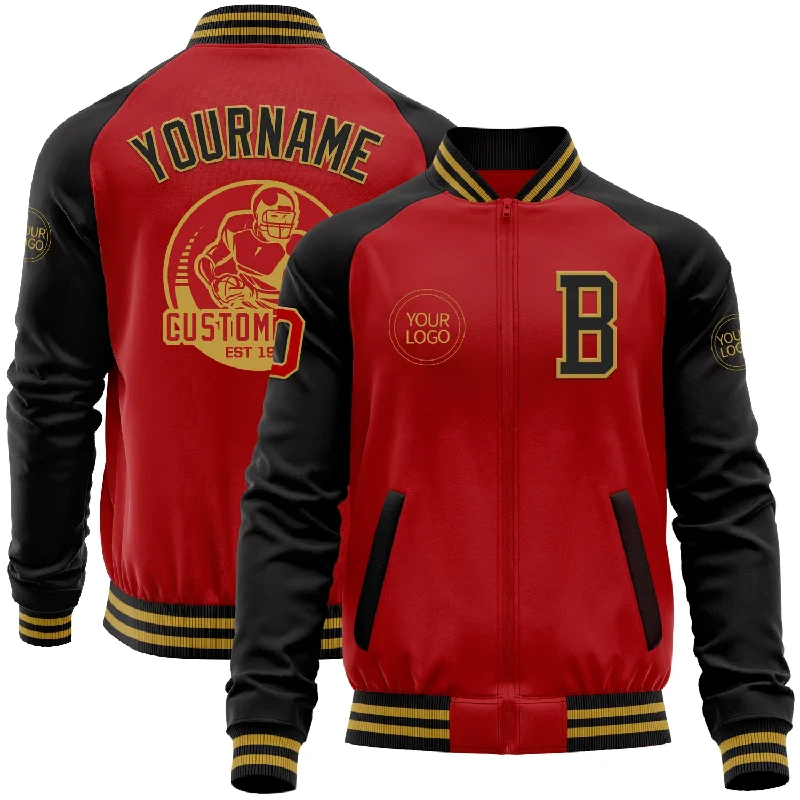 One Size Red Black-Old Gold Bomber Varsity Letterman Two Tone Zipper Jacket