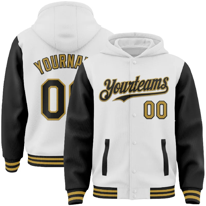 One Size White Black-Old Gold Bomber Full-Snap Varsity Letterman Two Tone Hoodie Jacket