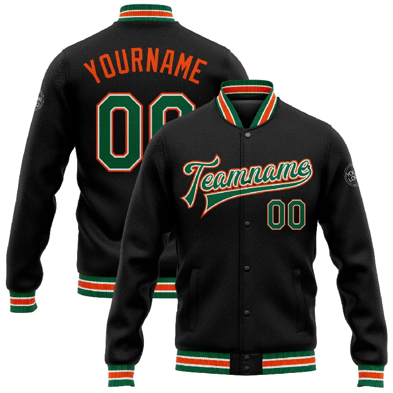 One Size Black Kelly Green-Orange Bomber Full-Snap Varsity Letterman Jacket