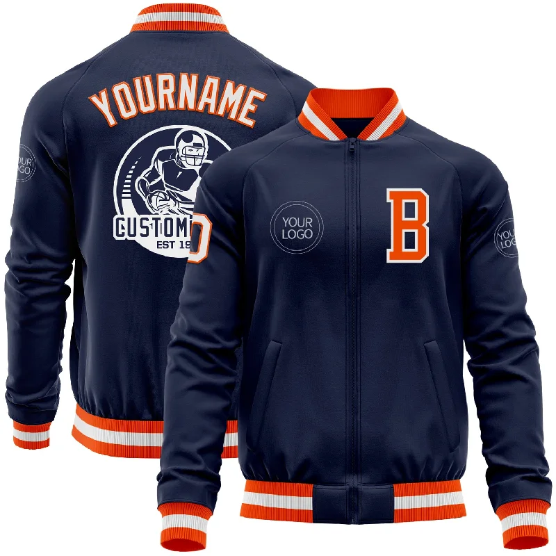 One Size Navy White-Orange Bomber Varsity Letterman Zipper Jacket