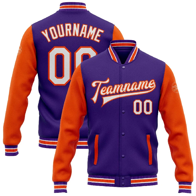 One Size Purple White-Orange Bomber Full-Snap Varsity Letterman Two Tone Jacket