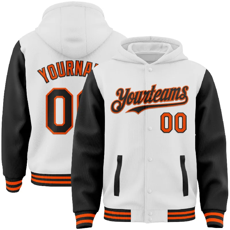 One Size White Black-Orange Bomber Full-Snap Varsity Letterman Two Tone Hoodie Jacket