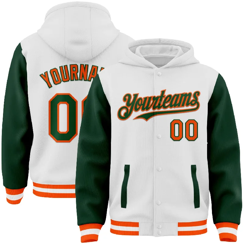 One Size White Green-Orange Bomber Full-Snap Varsity Letterman Two Tone Hoodie Jacket