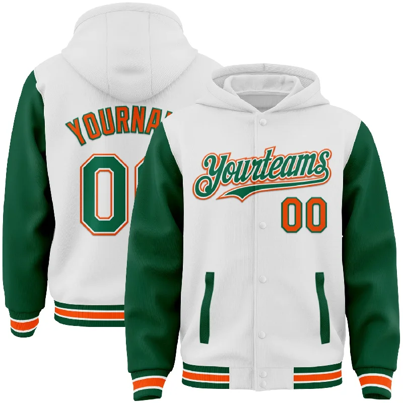 One Size White Kelly Green-Orange Bomber Full-Snap Varsity Letterman Two Tone Hoodie Jacket