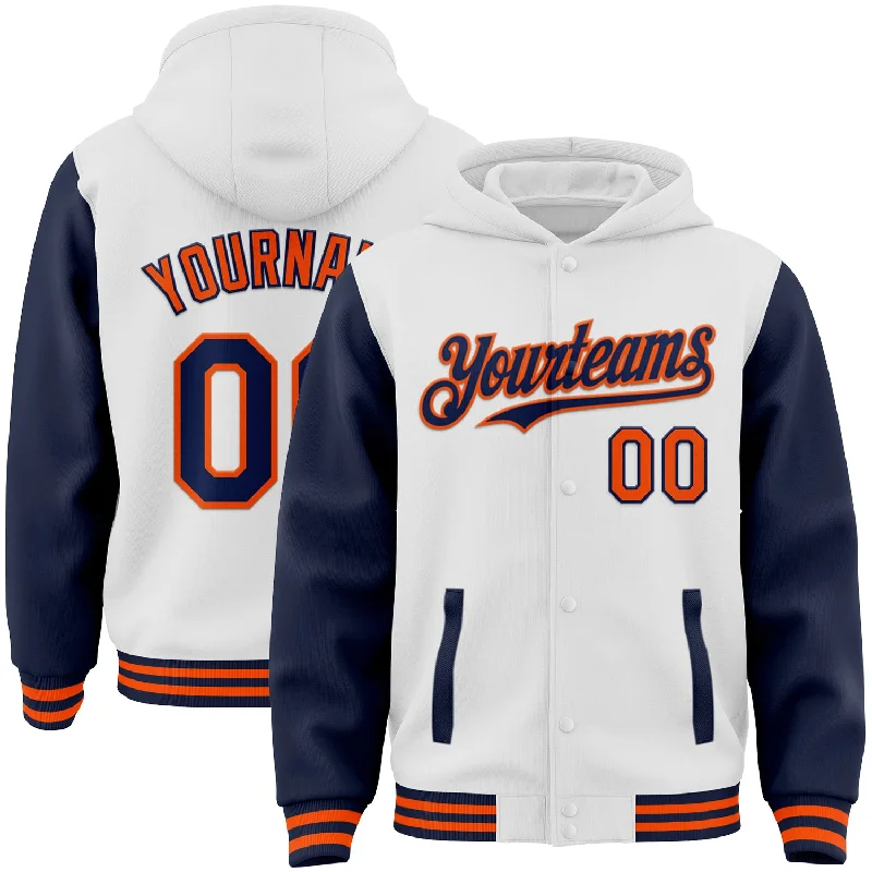 One Size White Navy-Orange Bomber Full-Snap Varsity Letterman Two Tone Hoodie Jacket