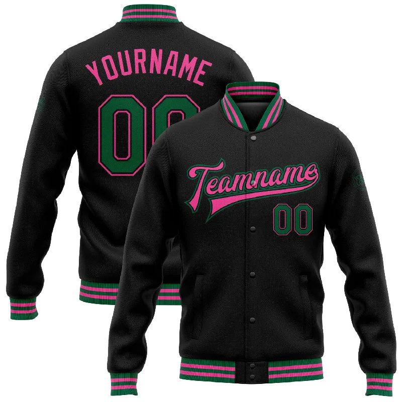 One Size Black Kelly Green-Pink Bomber Full-Snap Varsity Letterman Jacket