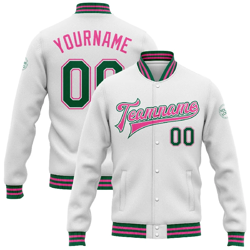 One Size White Kelly Green-Pink Bomber Full-Snap Varsity Letterman Jacket