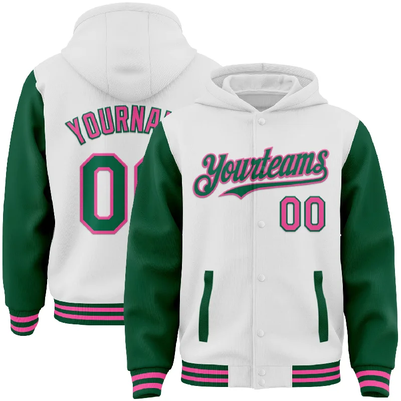 One Size White Kelly Green-Pink Bomber Full-Snap Varsity Letterman Two Tone Hoodie Jacket