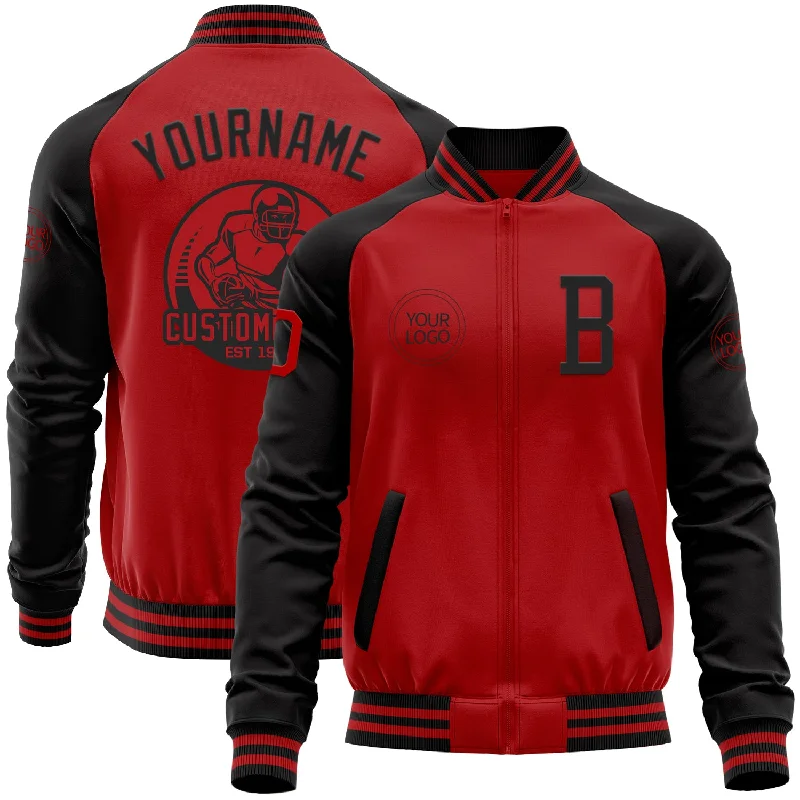 One Size Red Black Bomber Varsity Letterman Two Tone Zipper Jacket