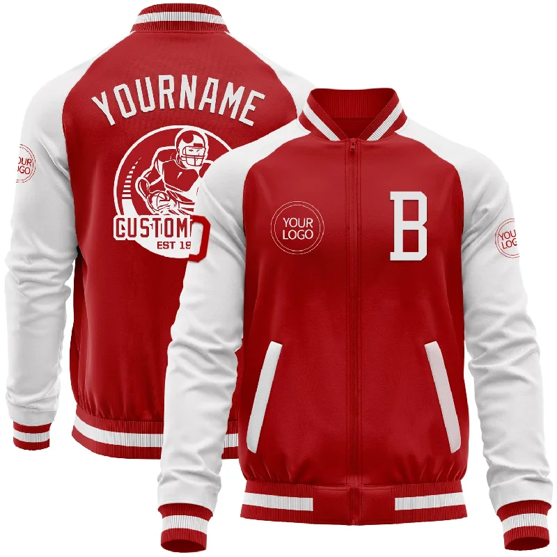 One Size Red White Bomber Varsity Letterman Two Tone Zipper Jacket