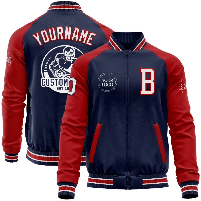 One Size Navy White-Red Bomber Varsity Letterman Two Tone Zipper Jacket