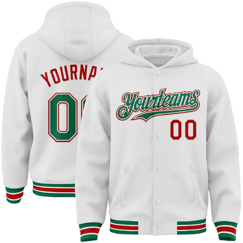 One Size White Kelly Green-Red Bomber Full-Snap Varsity Letterman Hoodie Jacket