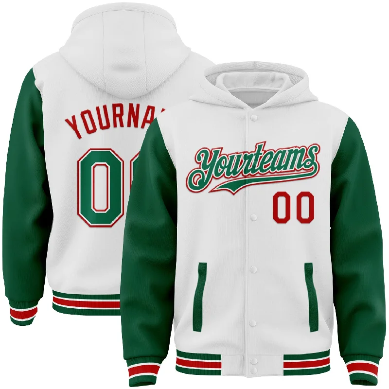 One Size White Kelly Green-Red Bomber Full-Snap Varsity Letterman Two Tone Hoodie Jacket