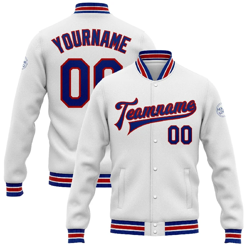 One Size White Royal-Red Bomber Full-Snap Varsity Letterman Jacket