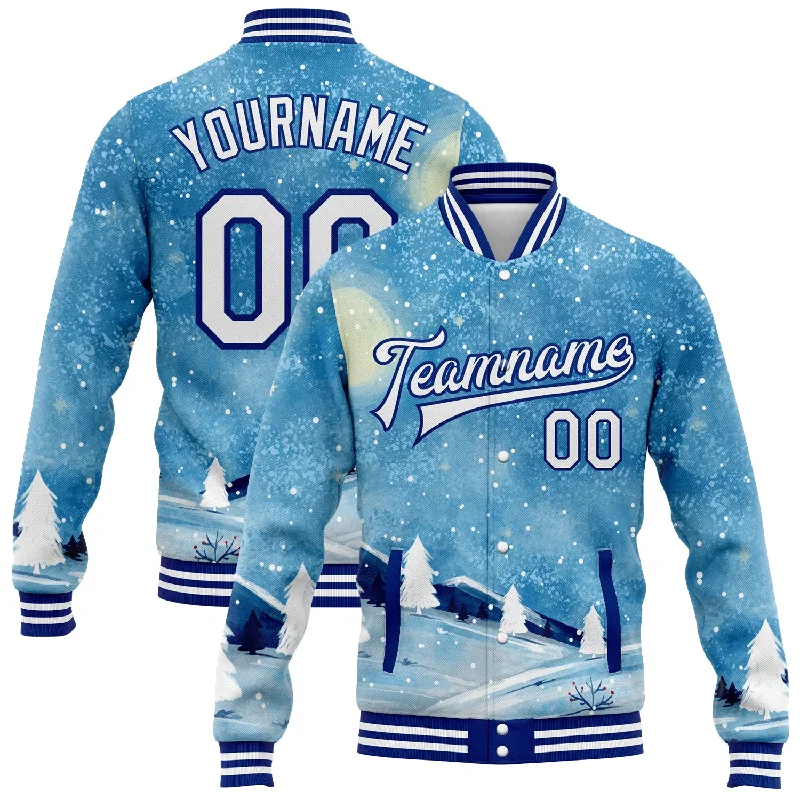 One Size Light Blue White-Royal Watercolor Winter Landscape With Snowy Trees 3D Pattern Design Bomber Full-Snap Varsity Letterman Jacket