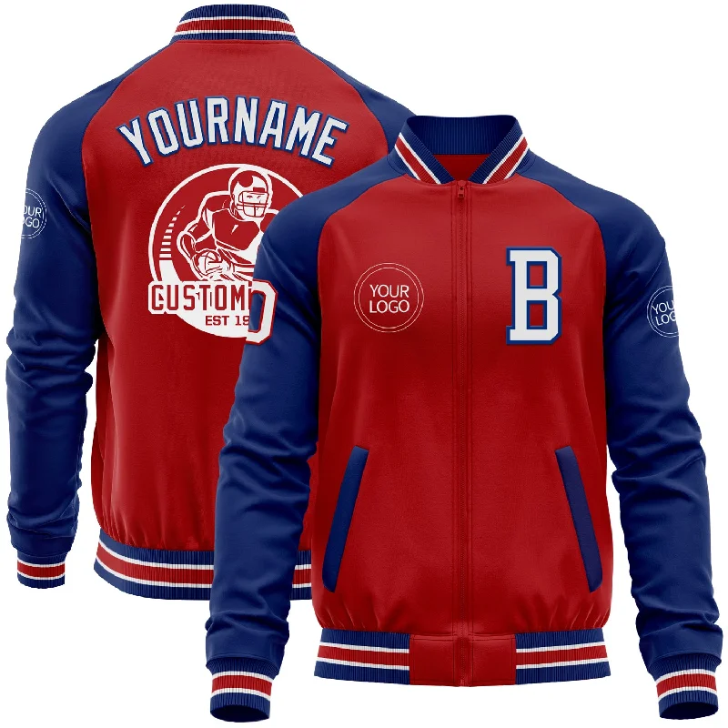 One Size Red White-Royal Bomber Varsity Letterman Two Tone Zipper Jacket