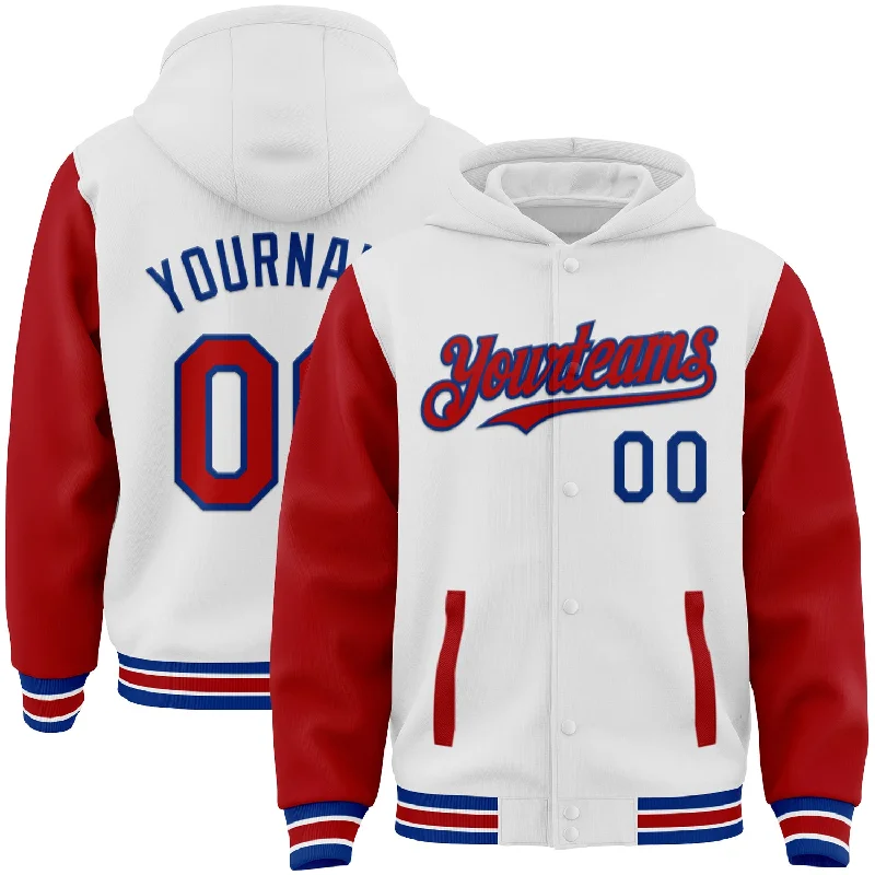 One Size White Red-Royal Bomber Full-Snap Varsity Letterman Two Tone Hoodie Jacket