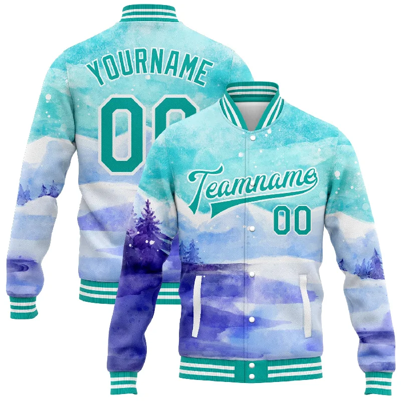 One Size Aqua White Winter Landscape With Watercolor Snowy Mountains And Trees 3D Pattern Design Bomber Full-Snap Varsity Letterman Jacket