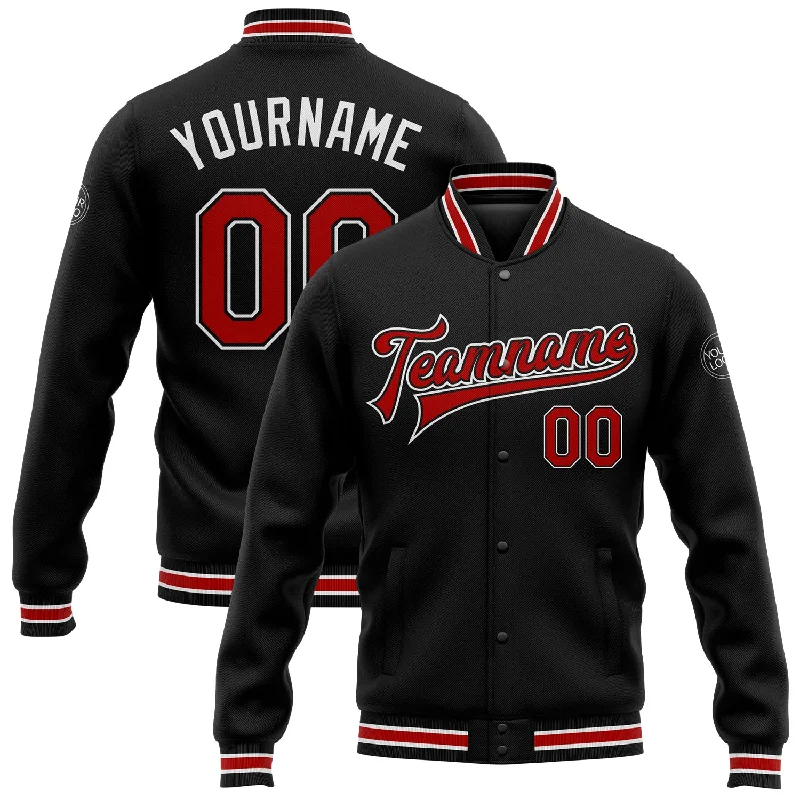 One Size Black Red-White Bomber Full-Snap Varsity Letterman Jacket