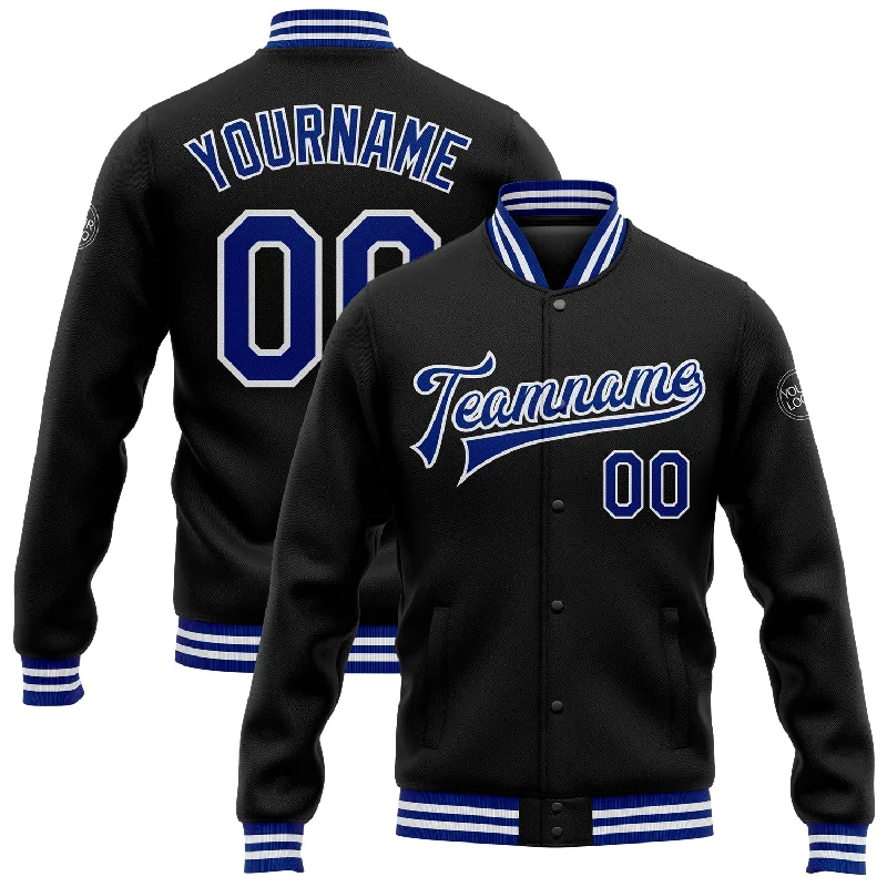 One Size Black Royal-White Bomber Full-Snap Varsity Letterman Jacket