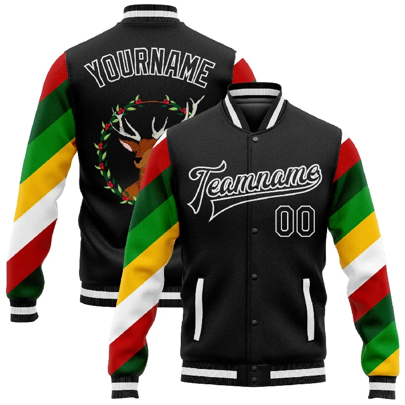 One Size Black White Christmas 3D Bomber Full-Snap Varsity Letterman Jacket